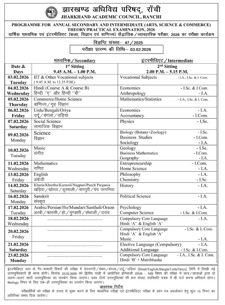 JAC 10th Time Table 2026 PDF